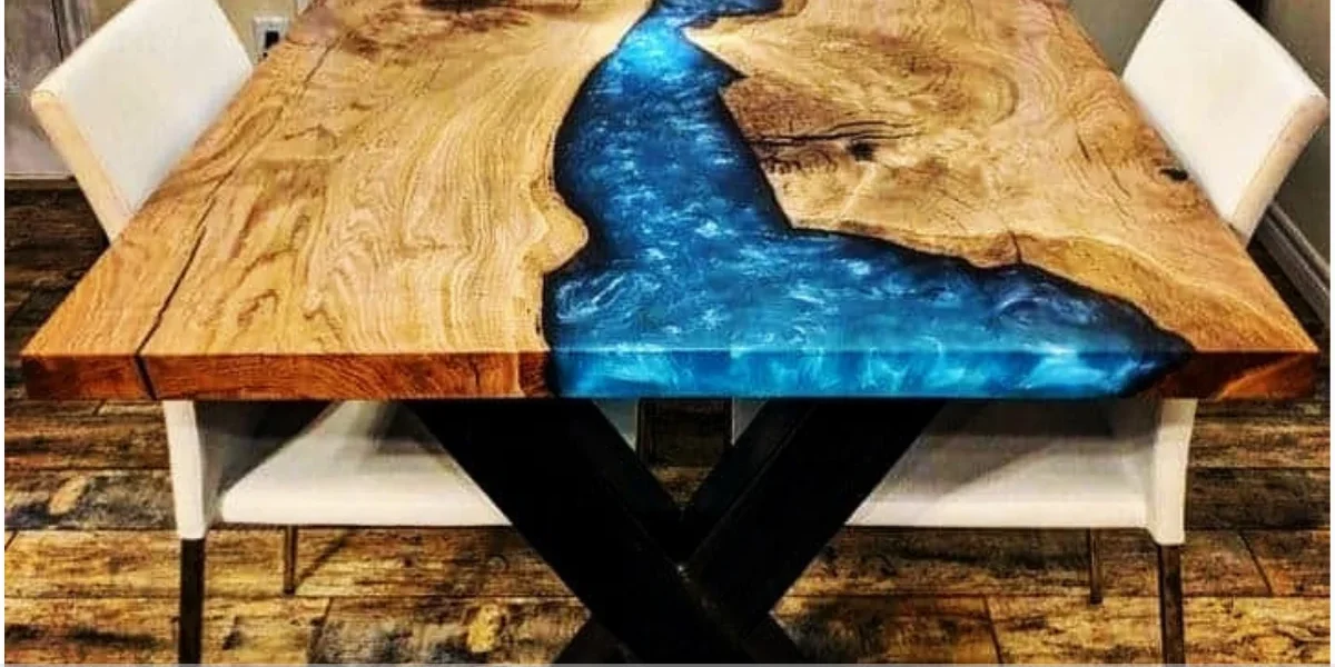 Mesa de resina com vidro quebrado