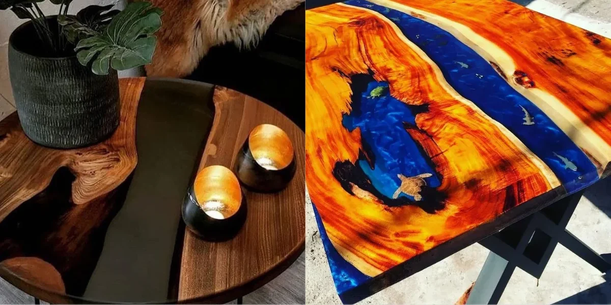Mesas de epoxi e madeira