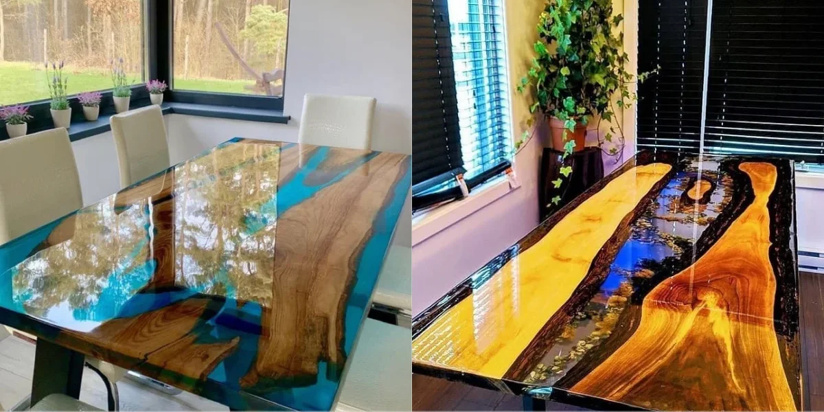 Mesas de madeira com resina