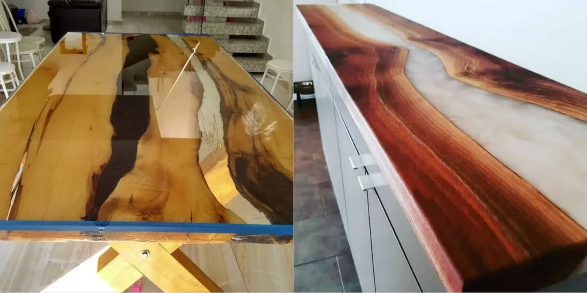 Mesas de madeira e resina epoxi