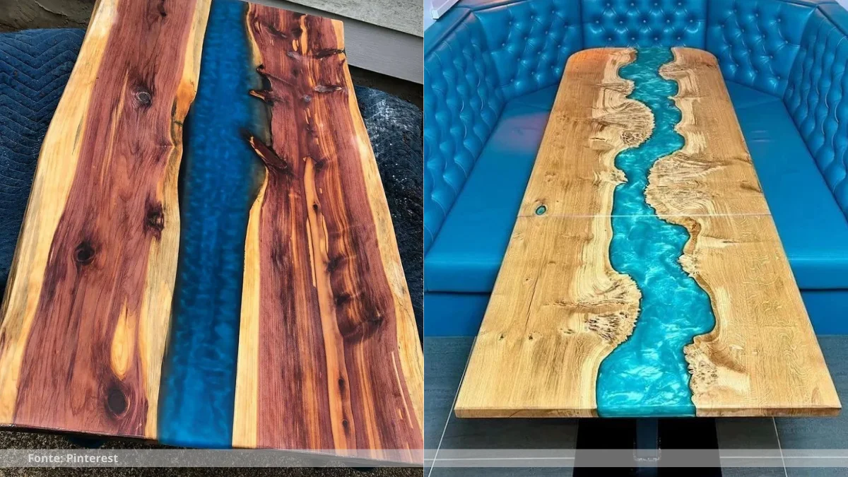 Mesa de madeira e resina