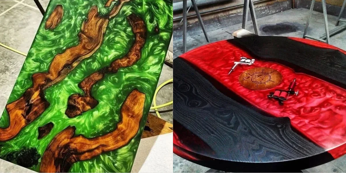 Mesa de madeira e resina epóxi