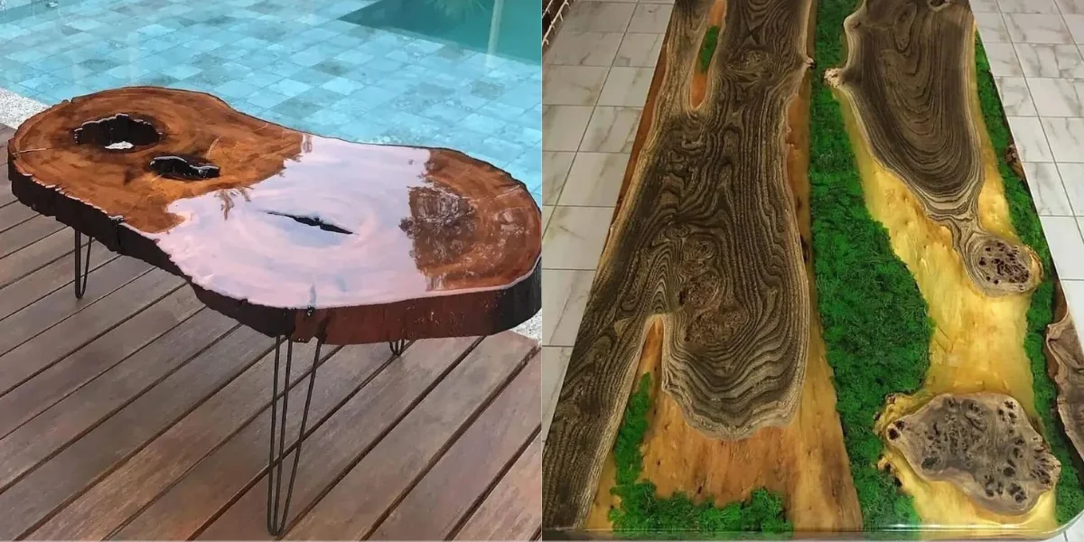 Mesa de madeira e resina
