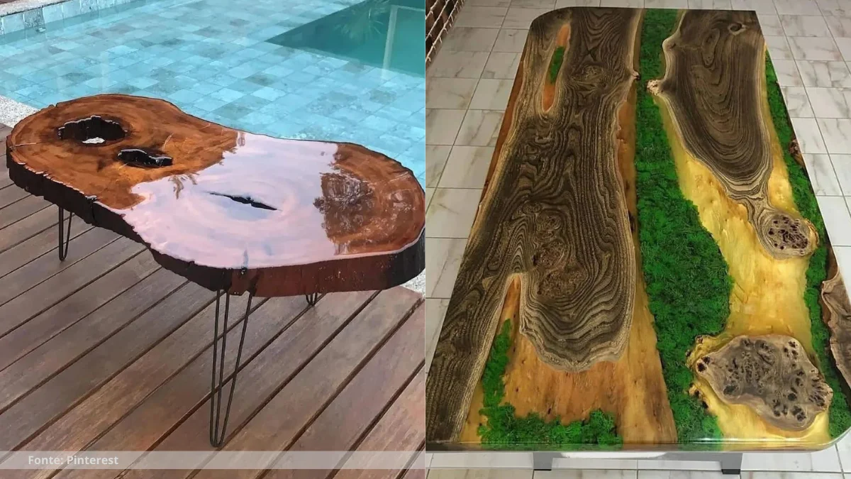 Mesa de madeira e resina