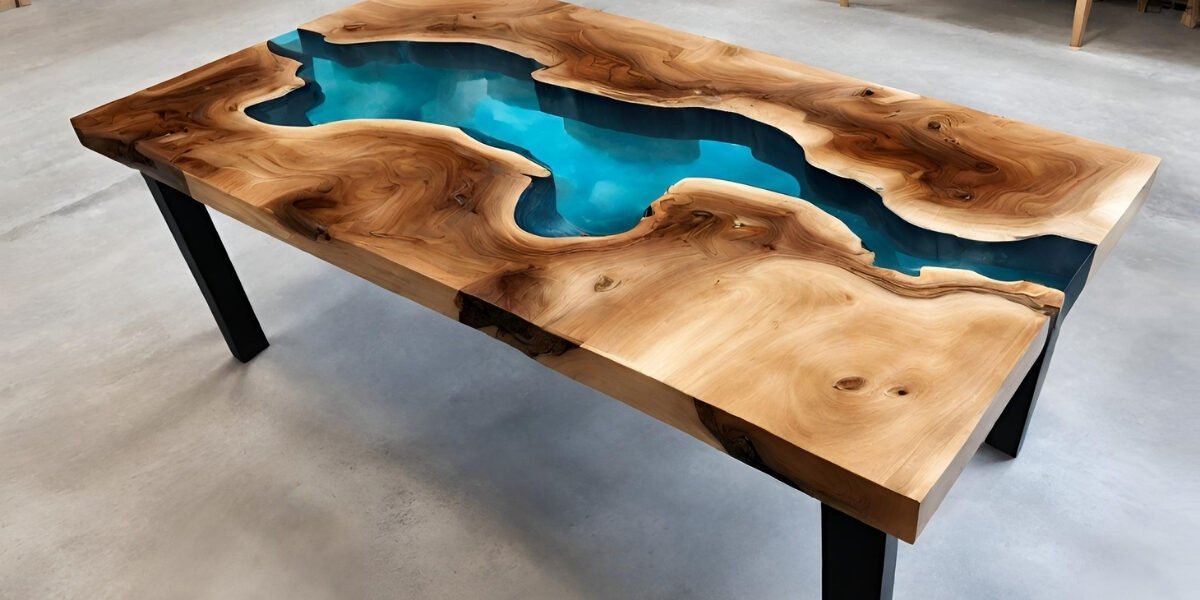 Mesa de madeira rustica com resina