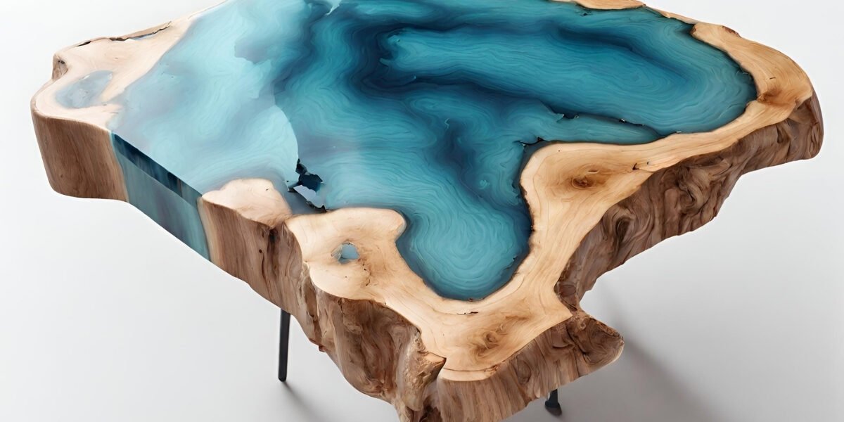 Mesas de madeira com resina no meio