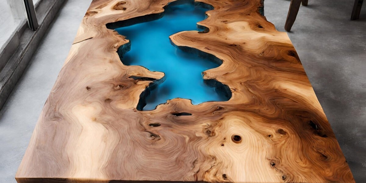 Mesa de madeira com resina acrílica