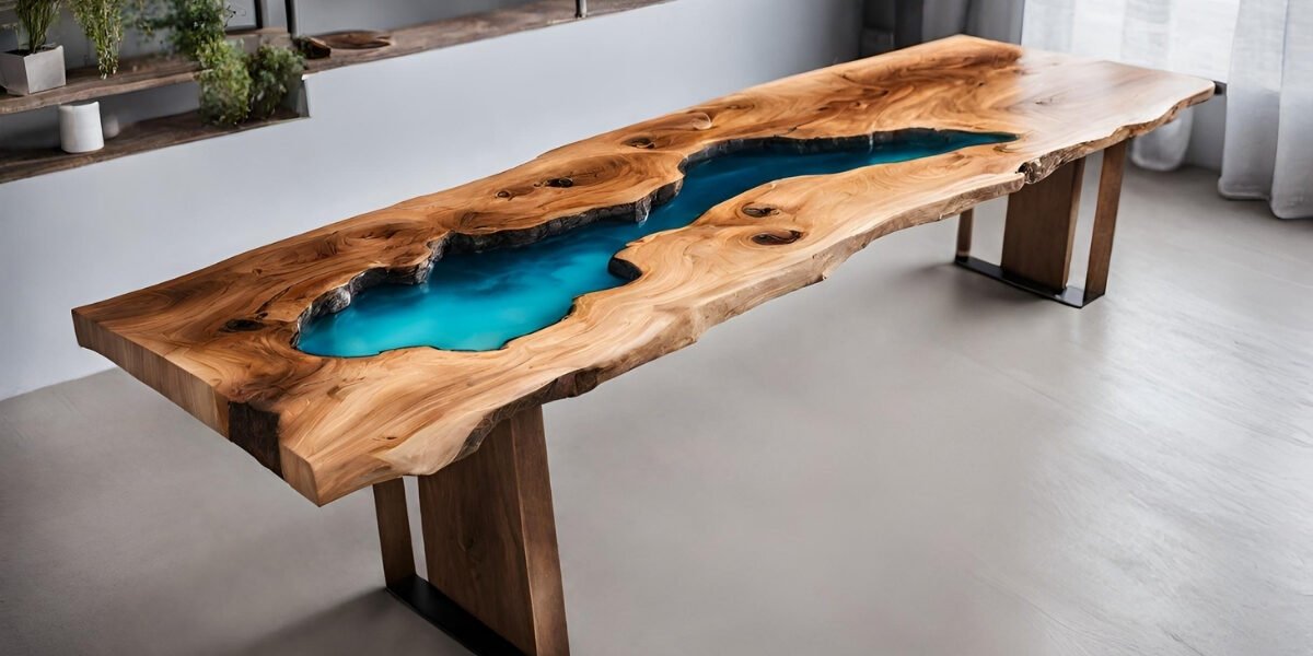 Mesa de bolacha de madeira com resina