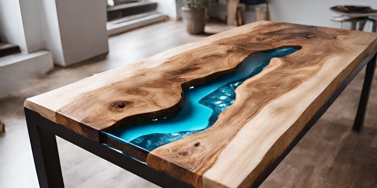 Mesa de madeira com resina acrilica