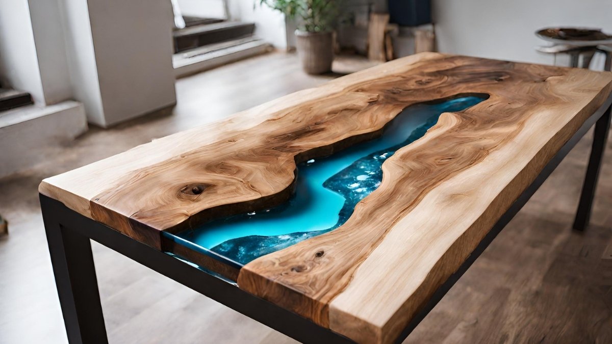 Mesa de madeira com resina acrilica