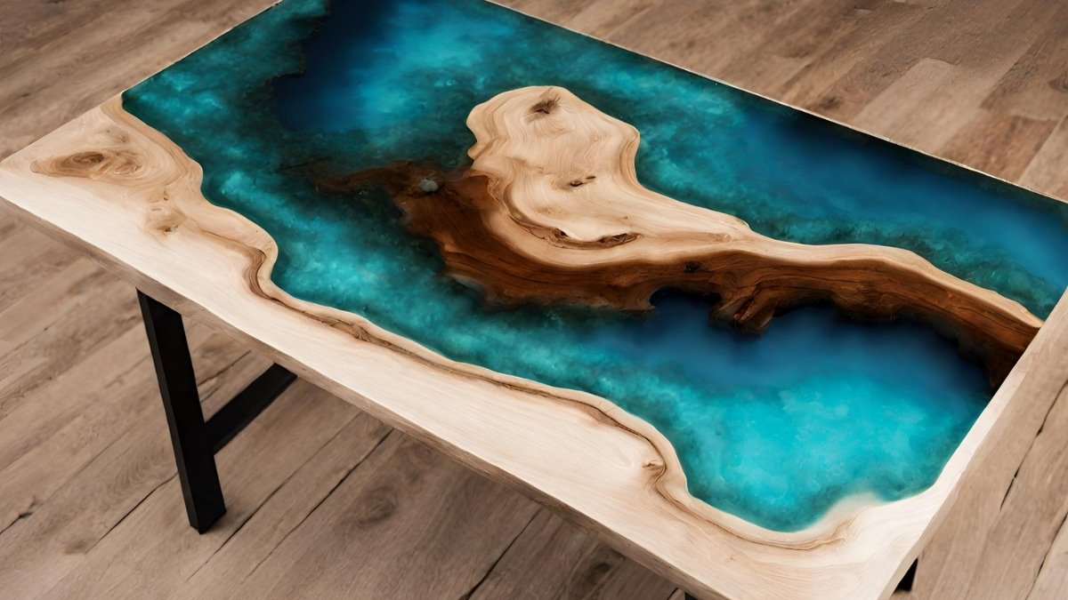 Mesa de bolacha de madeira com resina