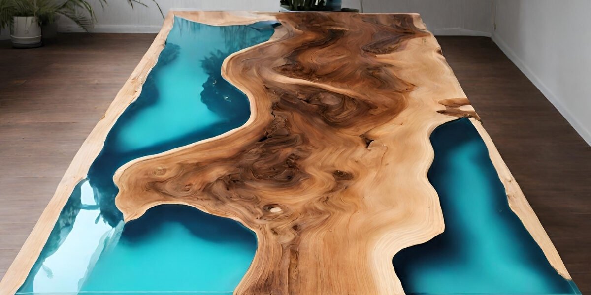 Mesa de tronco de árvore com resina