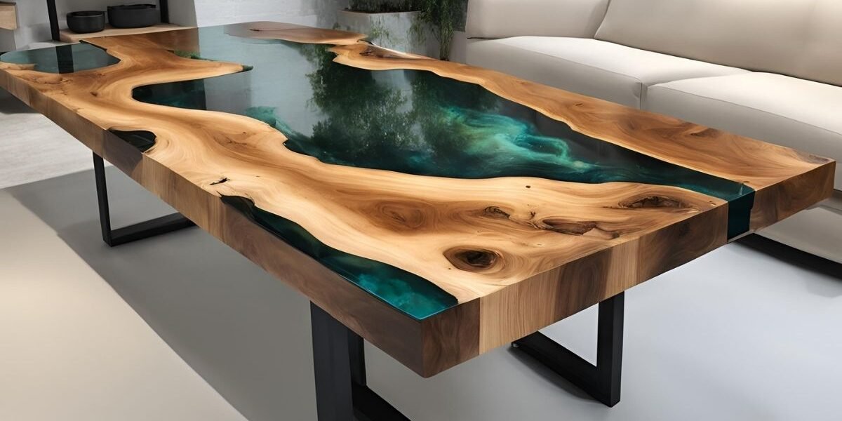 Mesa de jantar de madeira com resina