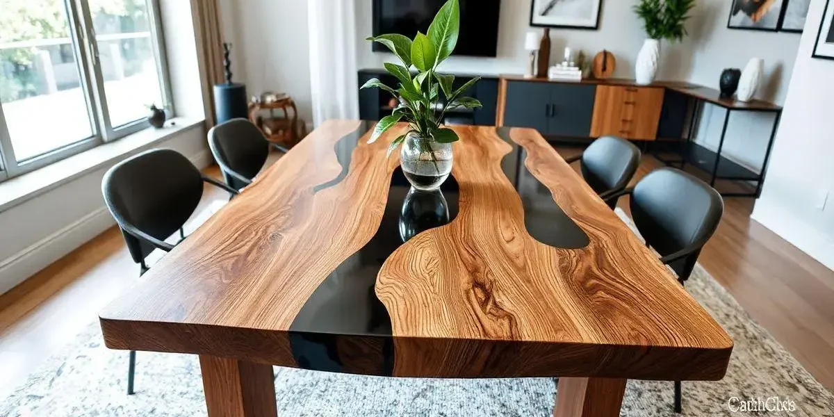 Mesa de madeira com resina preta