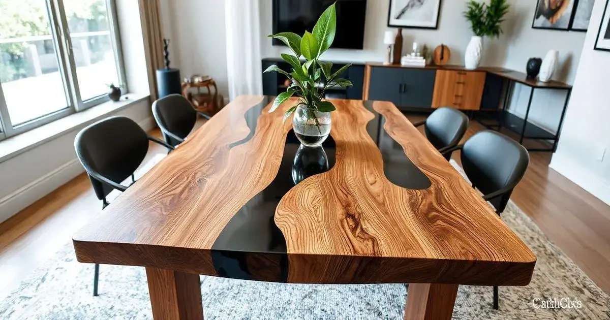 Mesa de madeira com resina preta Mesa de madeira com resina preta