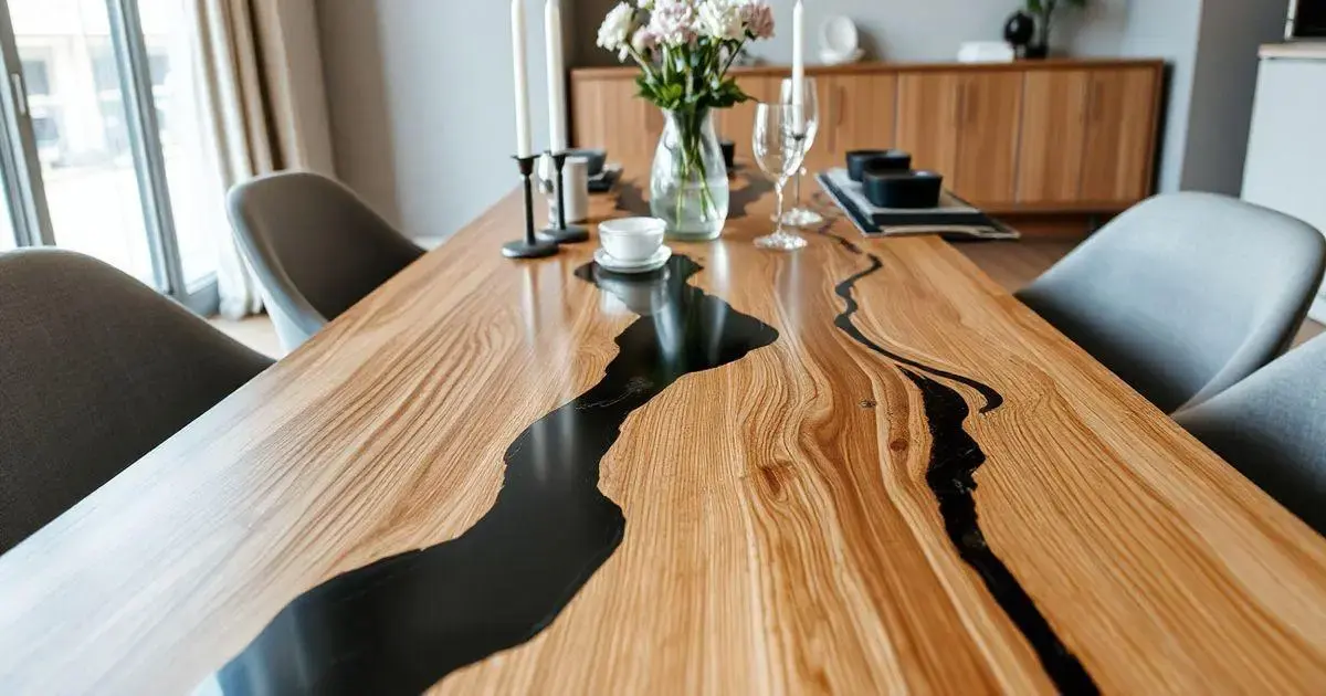 Mesa de madeira com resina preta Mesa de madeira com resina preta