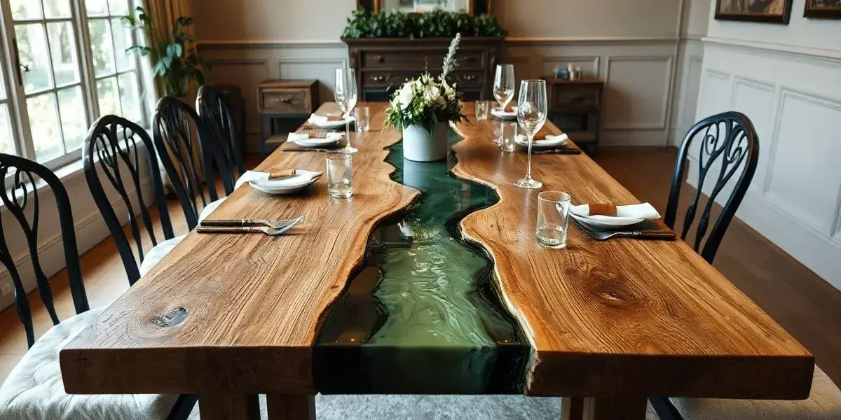 Mesa de madeira de demolição com resina