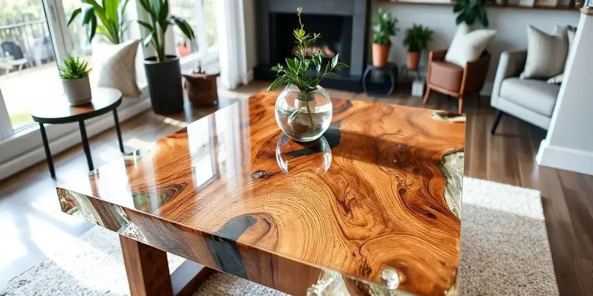 Mesa de madeira em resina