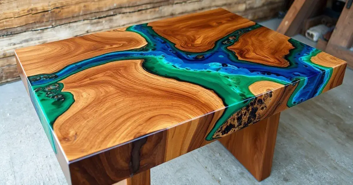 Mesa de madeira feita com resina