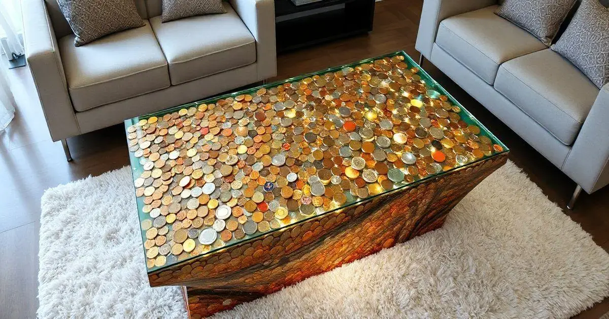 Mesa de moedas com resina