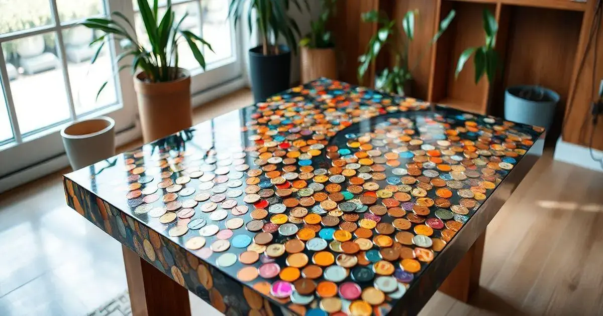Mesa de moedas com resina