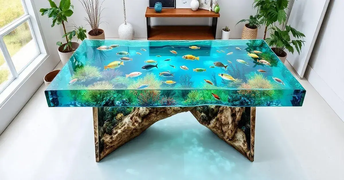 Mesa de resina com peixes