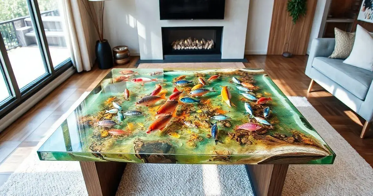 Mesa de resina com peixes