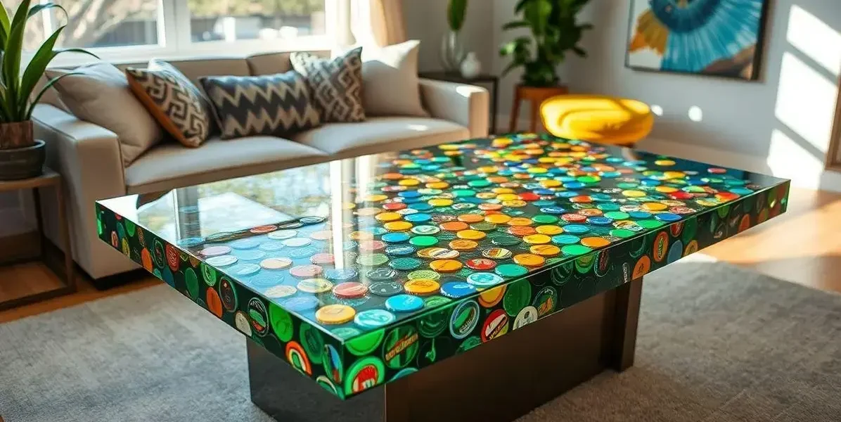 Mesa de resina com tampinhas