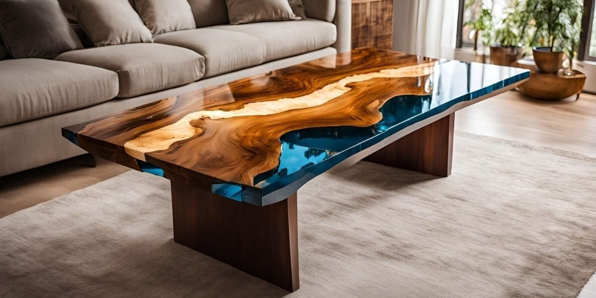 Mesa de madeira com resina colorida