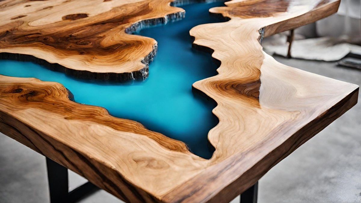 Mesa de madeira com resina liquida