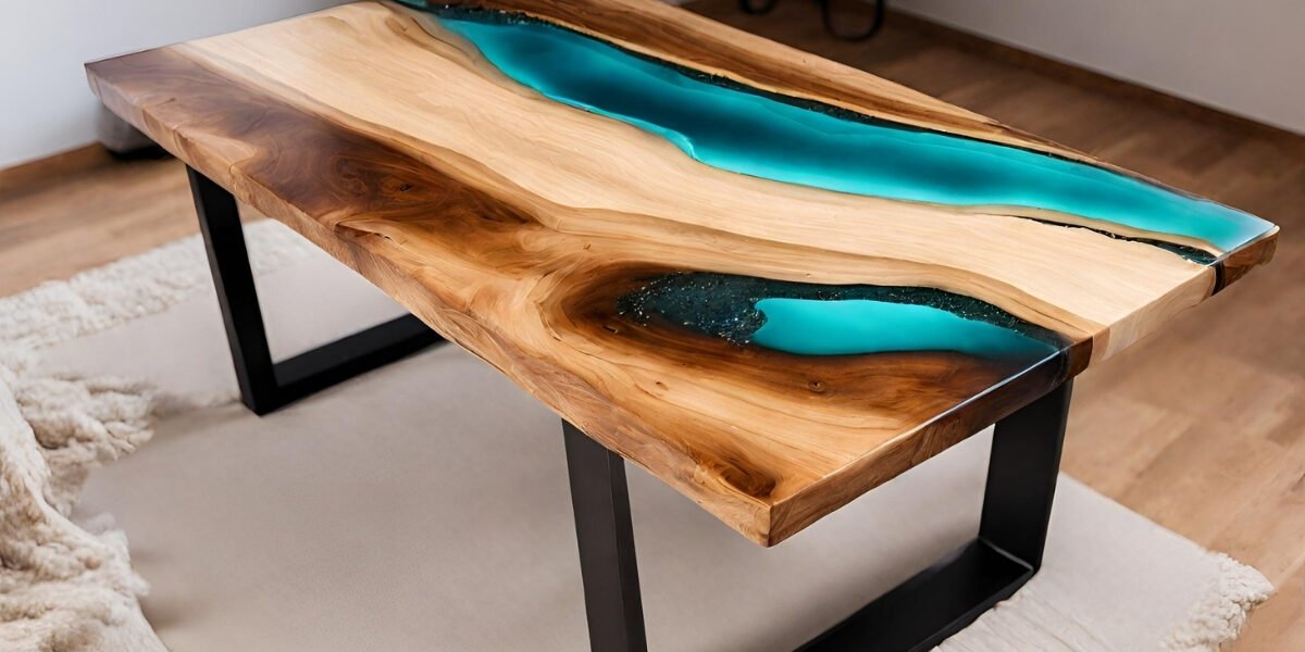 Mesa de madeira com resina liquida