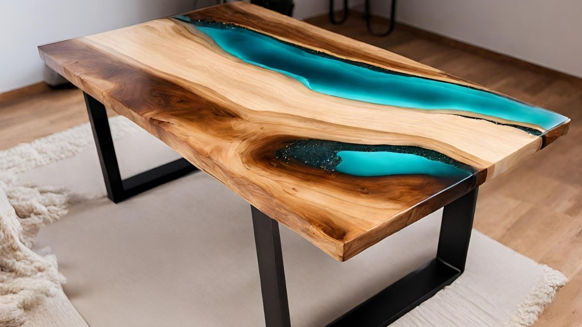 Mesa de madeira com resina liquida