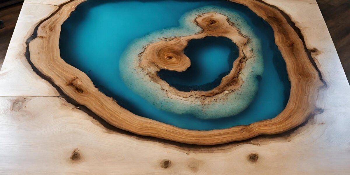 Mesa de madeira com resina no meio