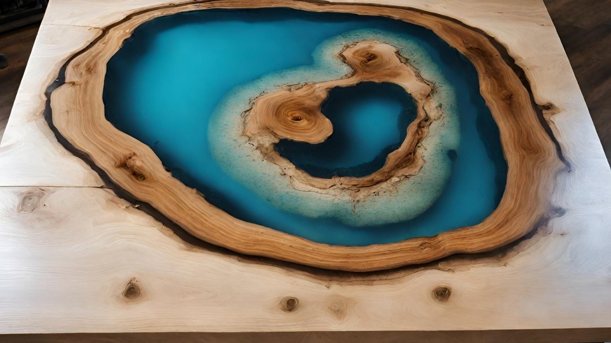 Mesa de madeira com resina no meio