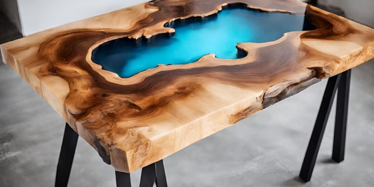 Mesa de madeira com resina de vidro