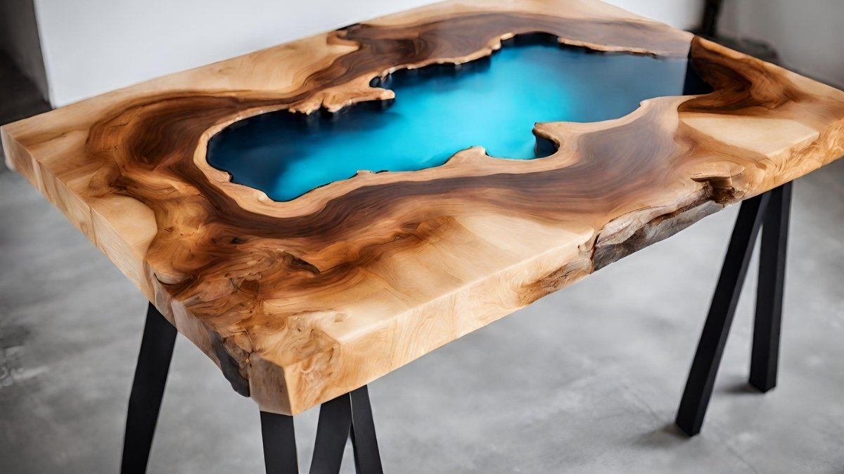 Mesa de madeira com resina de vidro