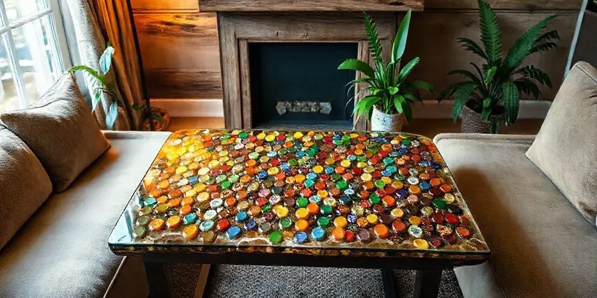 Mesa de tampinha com resina