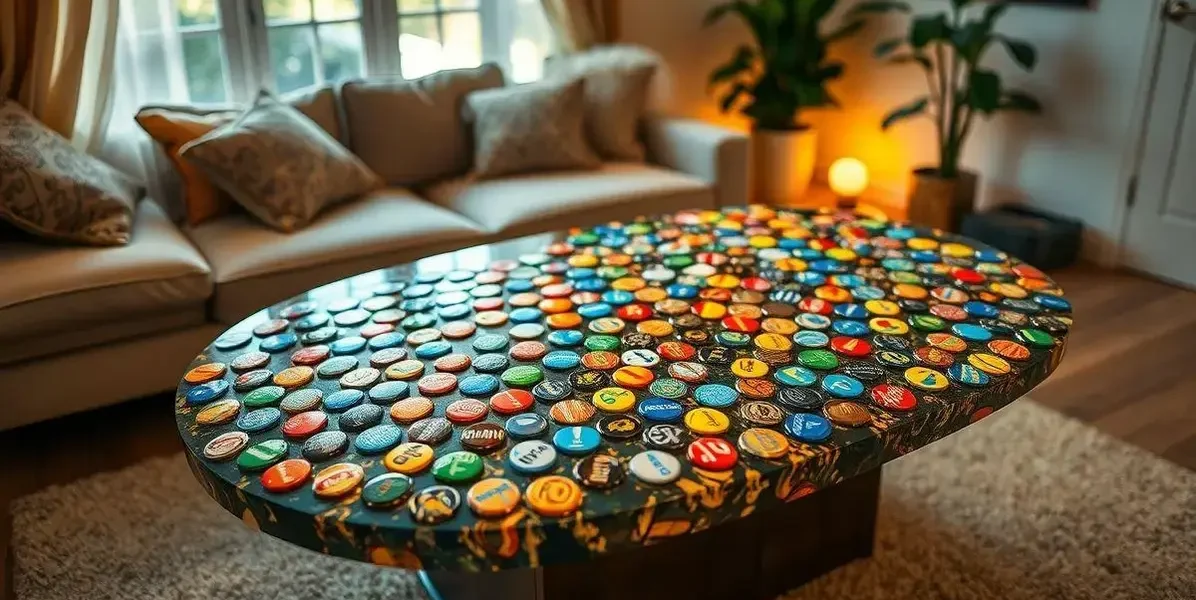 Mesa de tampinha de garrafa com resina