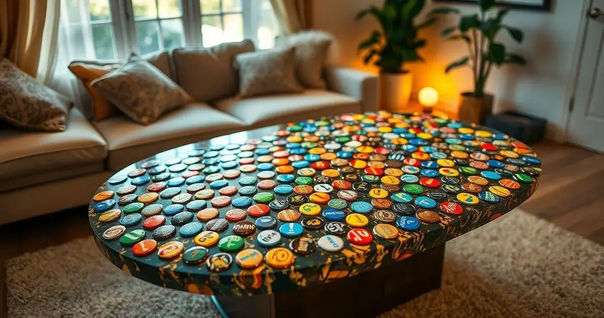 Mesa de tampinha de garrafa com resina