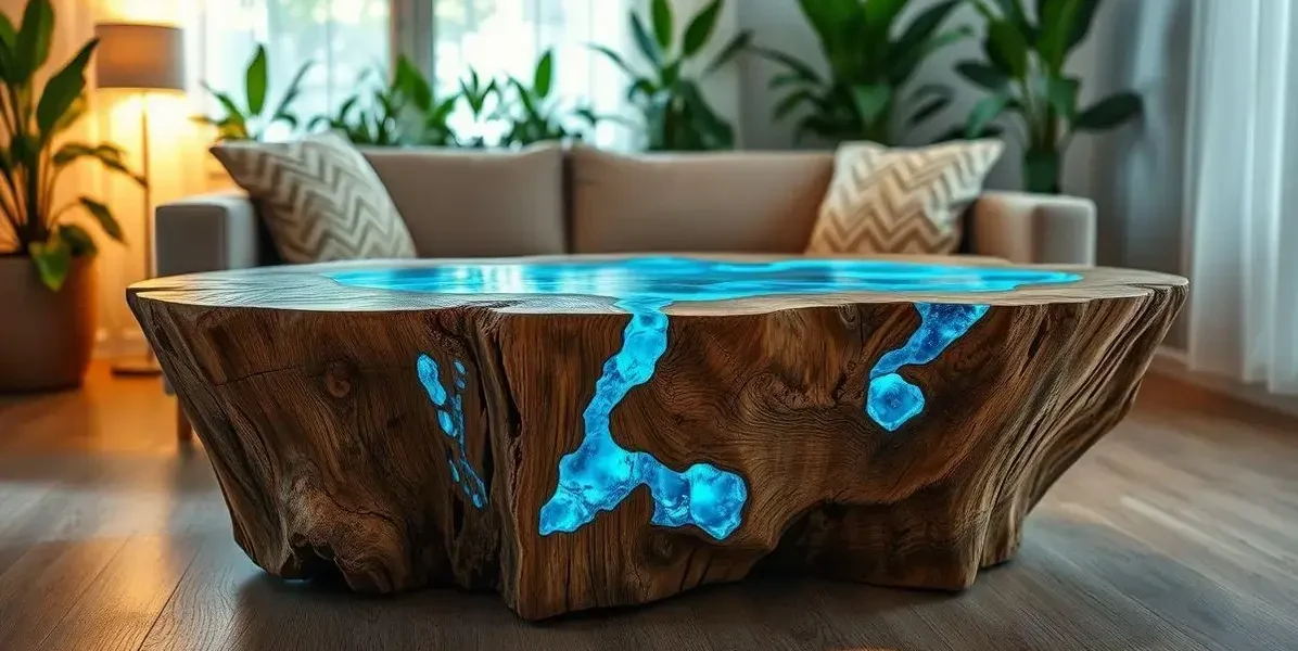 Mesa de tronco de madeira com resina