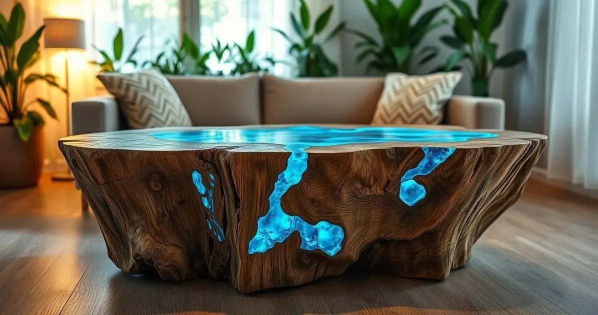 Mesa de tronco de madeira com resina Mesa de tronco de madeira com resina