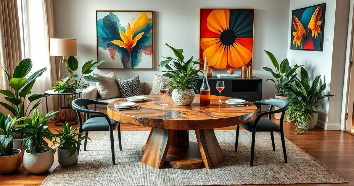 Mesa redonda de madeira com resina