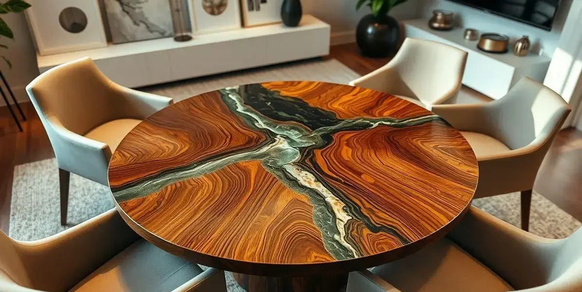 Mesa redonda de madeira com resina