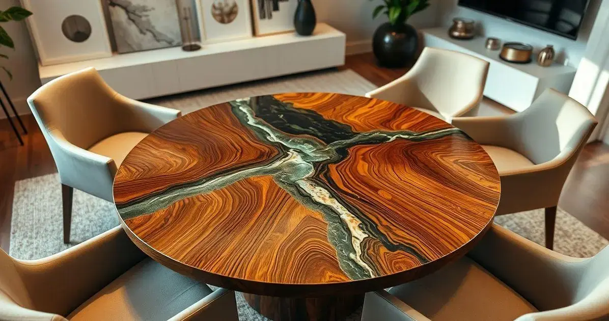 Mesa redonda de madeira com resina