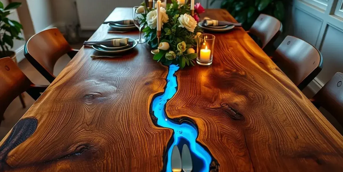 Mesa rustica de madeira com resina epoxi