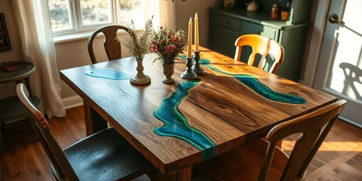 Rustico mesa de madeira com resina