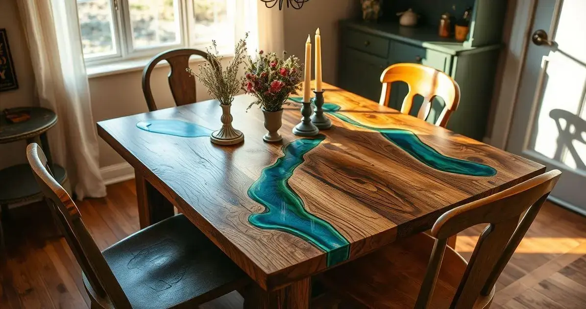 Rustico mesa de madeira com resina