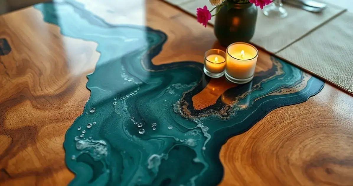 Tampo de mesa de madeira com resina