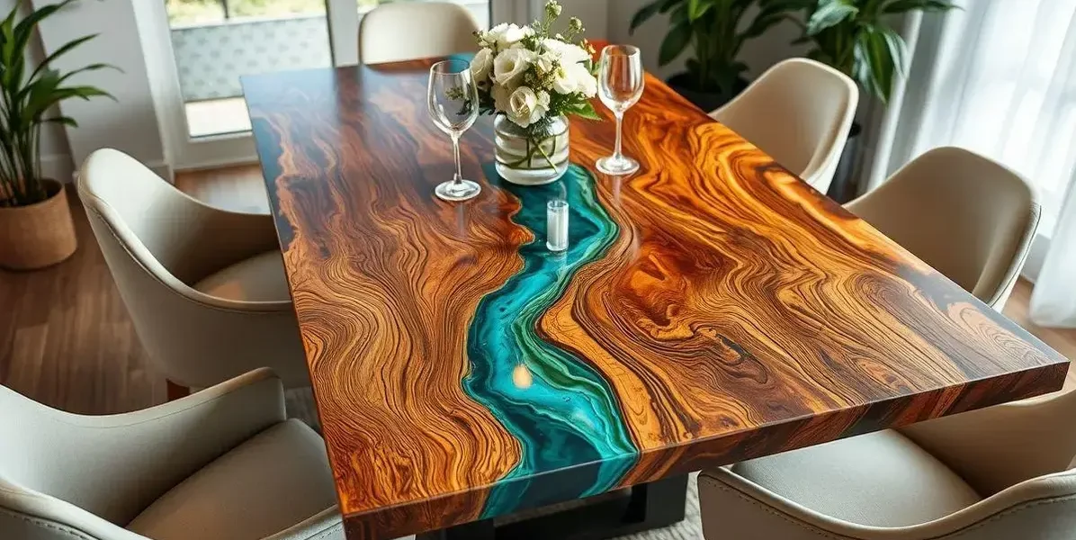 Tampo de mesa de madeira com resina