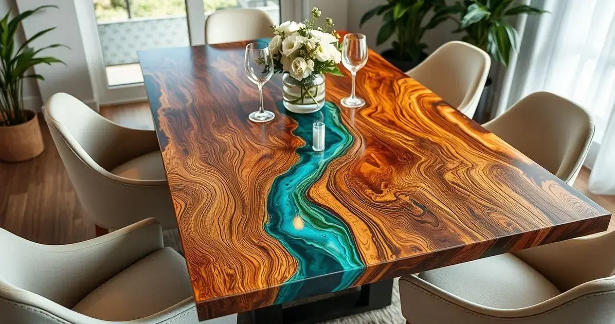 Tampo de mesa de madeira com resina